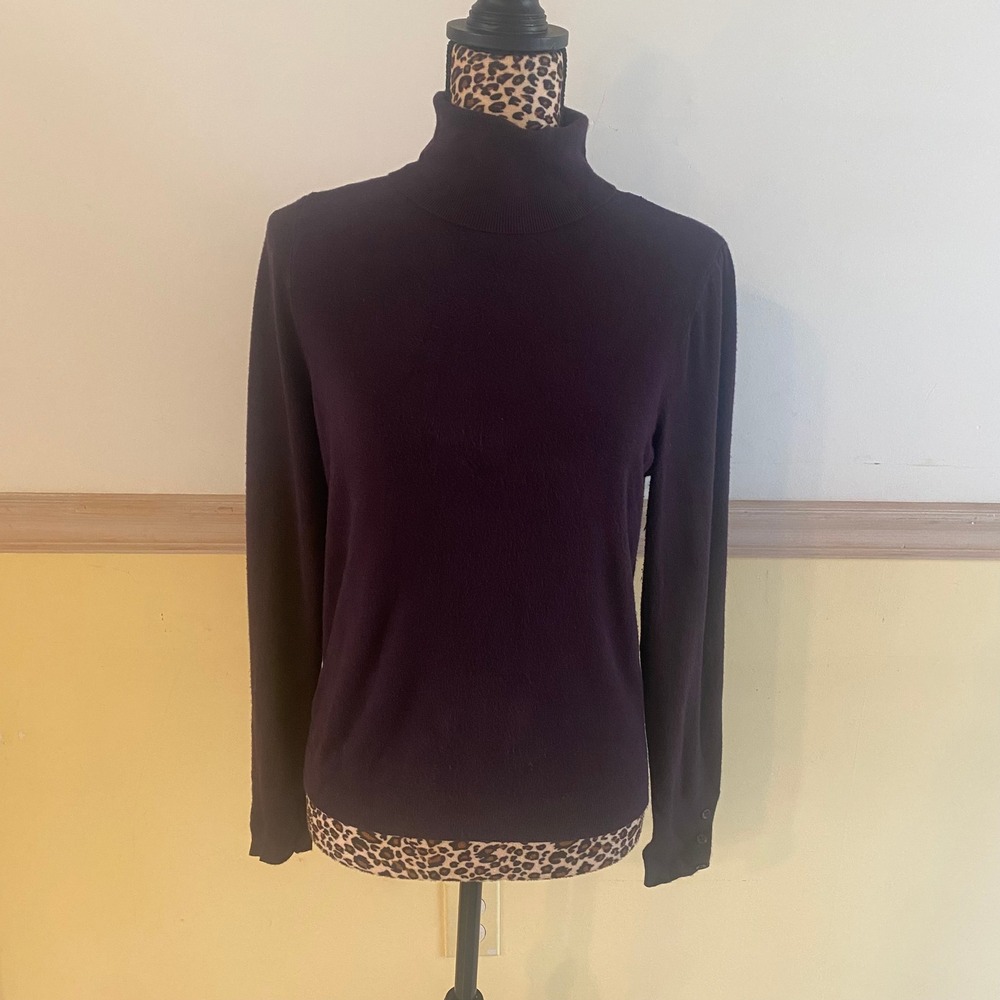 Ann Taylor Factory Womens Dark Purple Turtleneck Sweater Size L Button Cuff